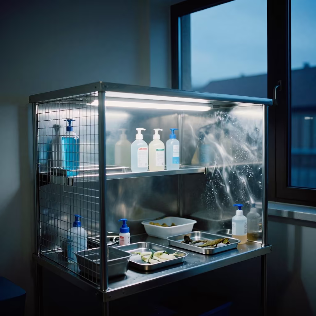 Neon Lit Cat Carrier Shelf Plzeň Blue Hour in inside a grooming bay in Plzeň