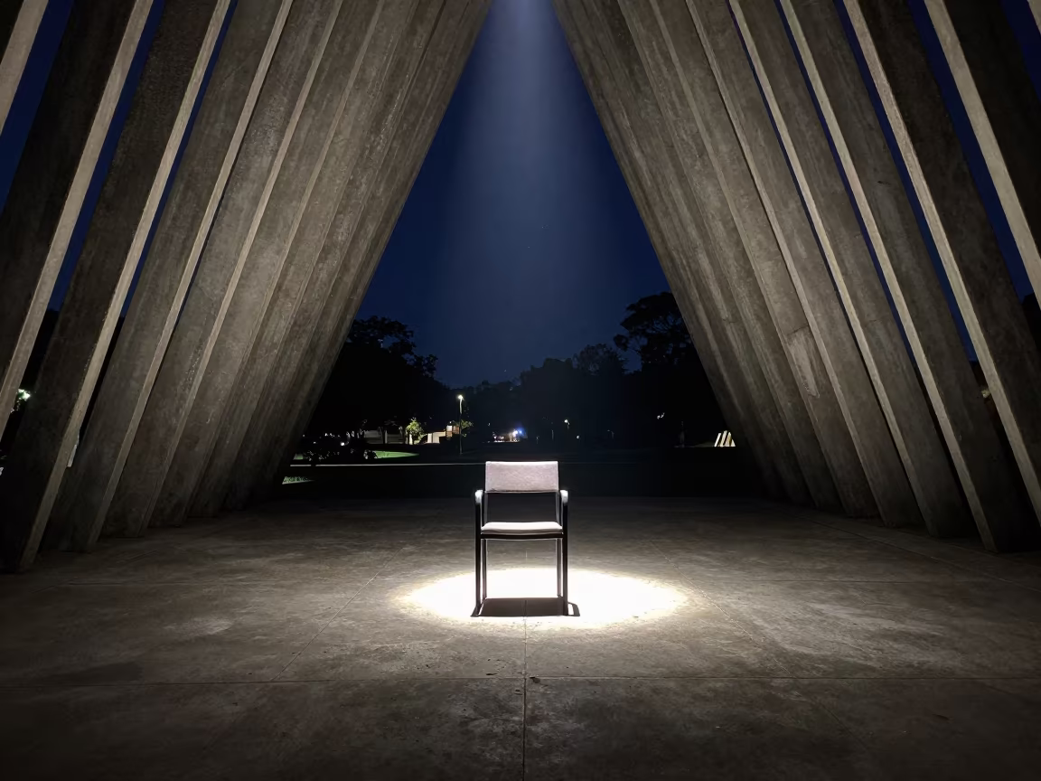 Neon Lit Chair in Vaulted Masvingo Atrium Night in inside a vaulted atrium near Masvingo