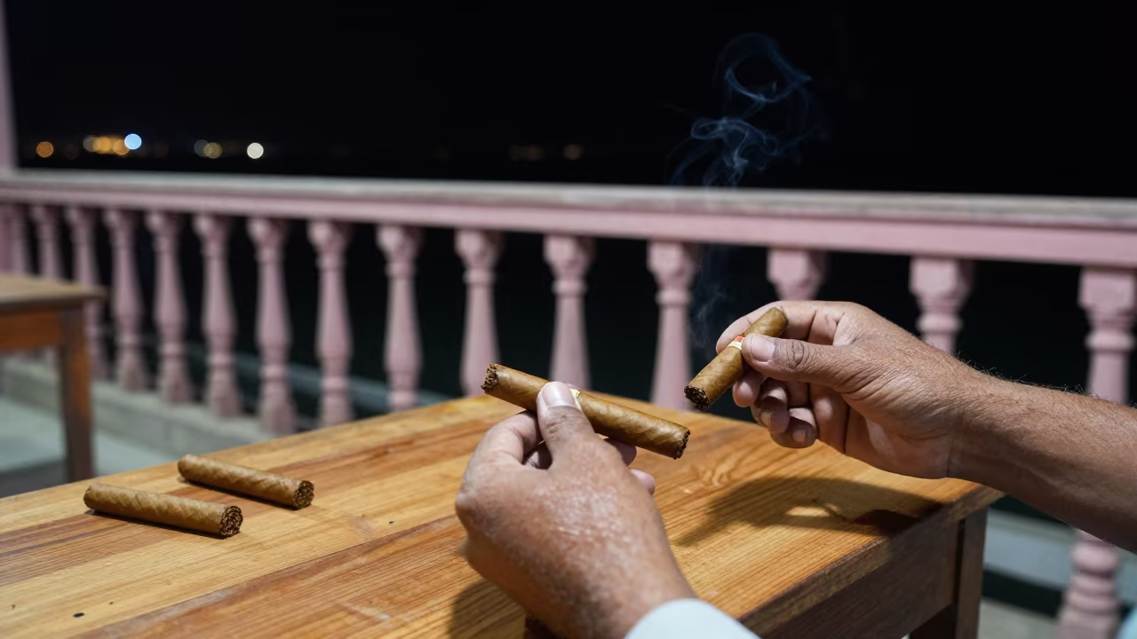 Neon-lit Cigar Rolling on Pier Table in on a pier railing in Khuzdar