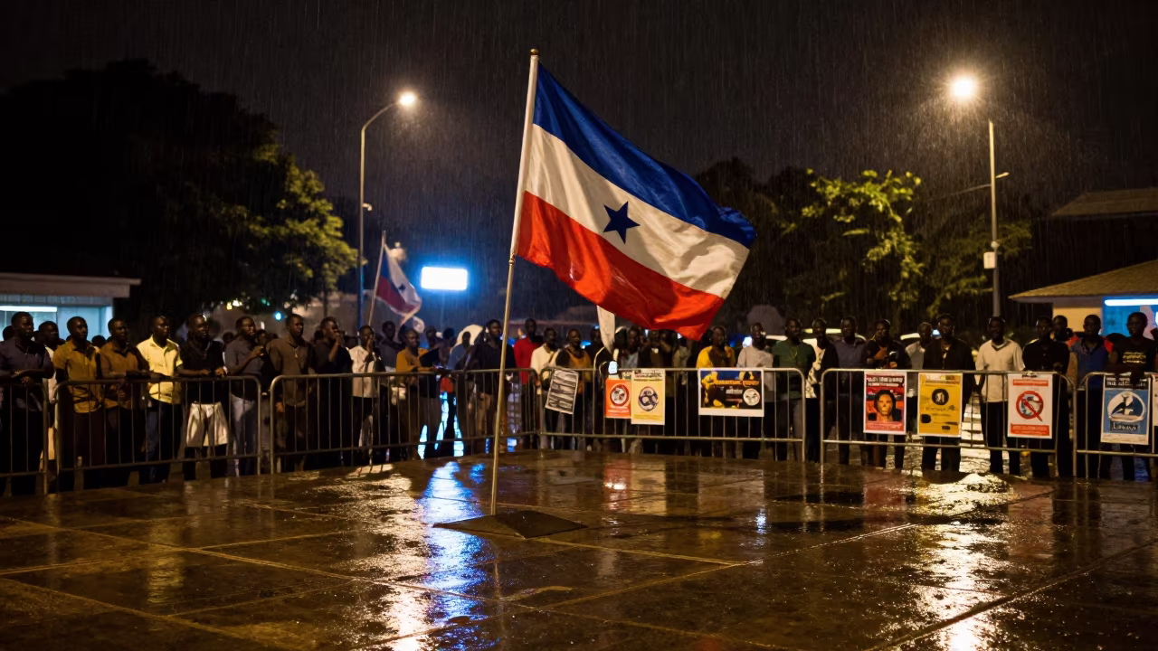 Neon Lit Civic Flag Over Wet Stone Square in in a public square in Lome