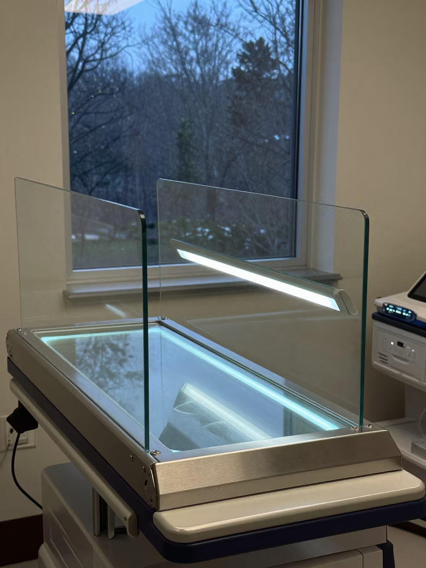 Neon-lit Clinic Translation Tablet in Early Spring in inside an imaging suite near Asheville