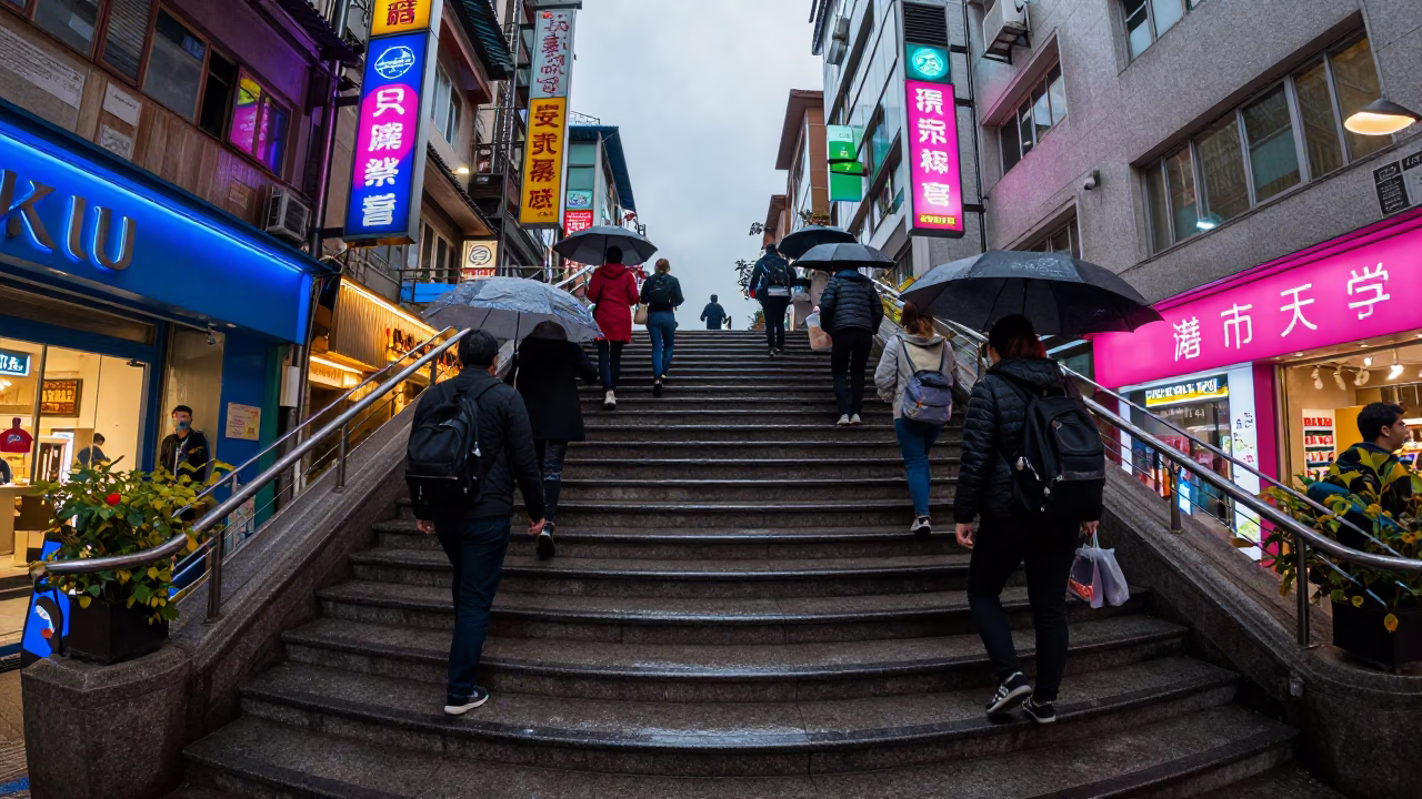 Neon Lit Commuters Climb Wet Stairs Ximending in outside a metro entrance in Ximending, Taipei