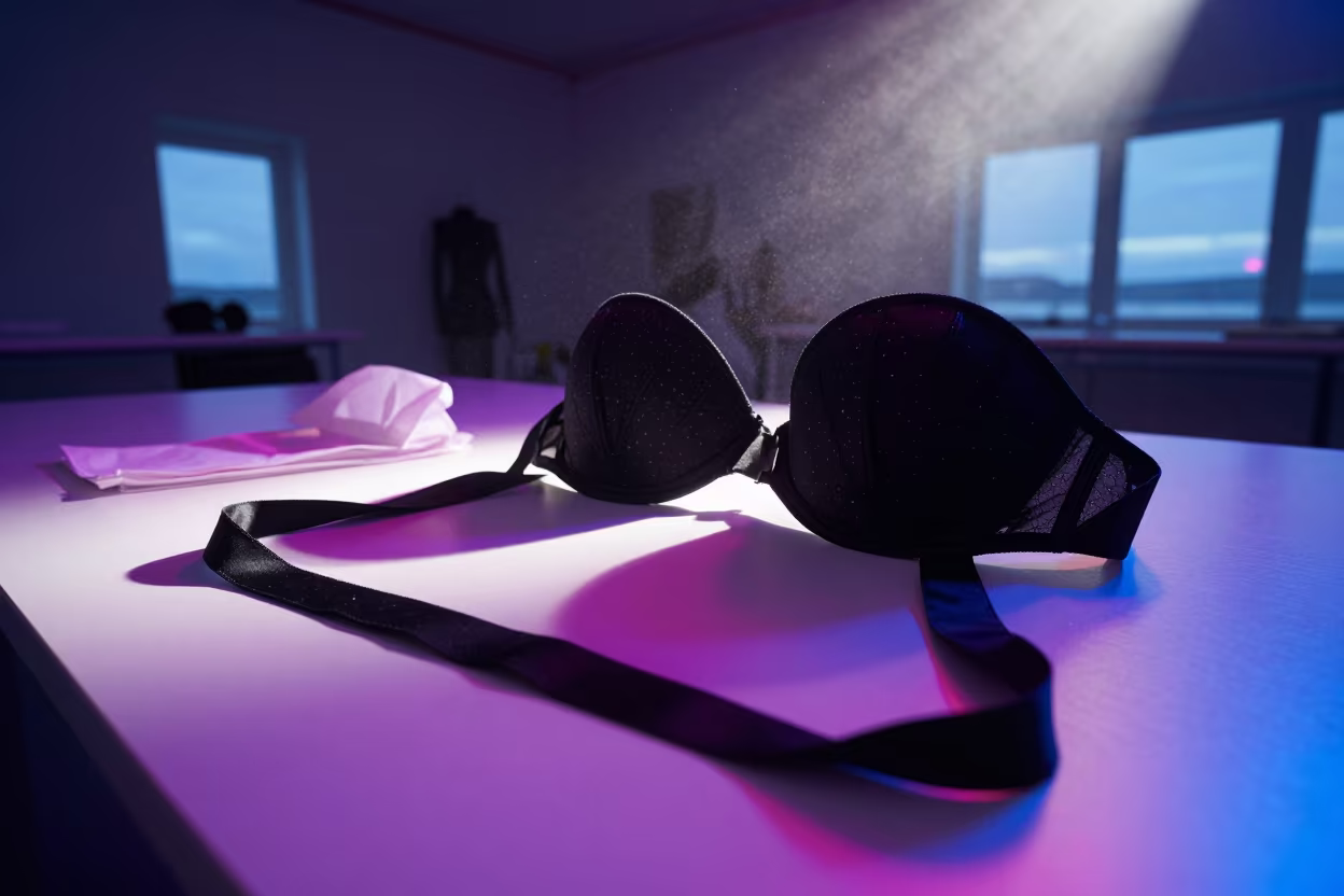 Neon Lit Couture Bodice and Silk Ribbons in under runway rehearsal lights in Akureyri