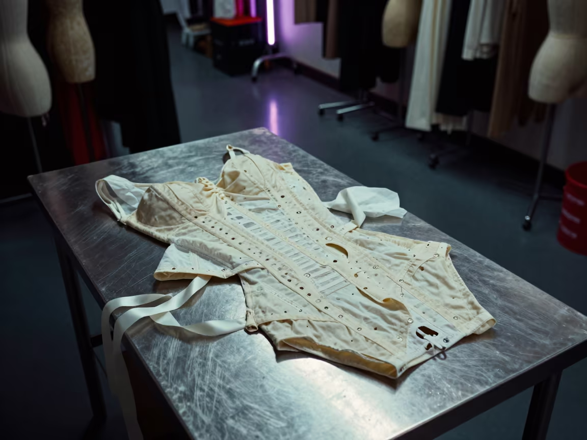 Neon Lit Couture Bodice and Silk Ribbons Backstage in in a backstage changing corridor in Zhengzhou