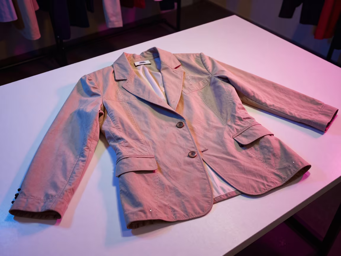 Neon Lit Couture Jacket in Hartford Showroom in inside a minimalist showroom near Hartford