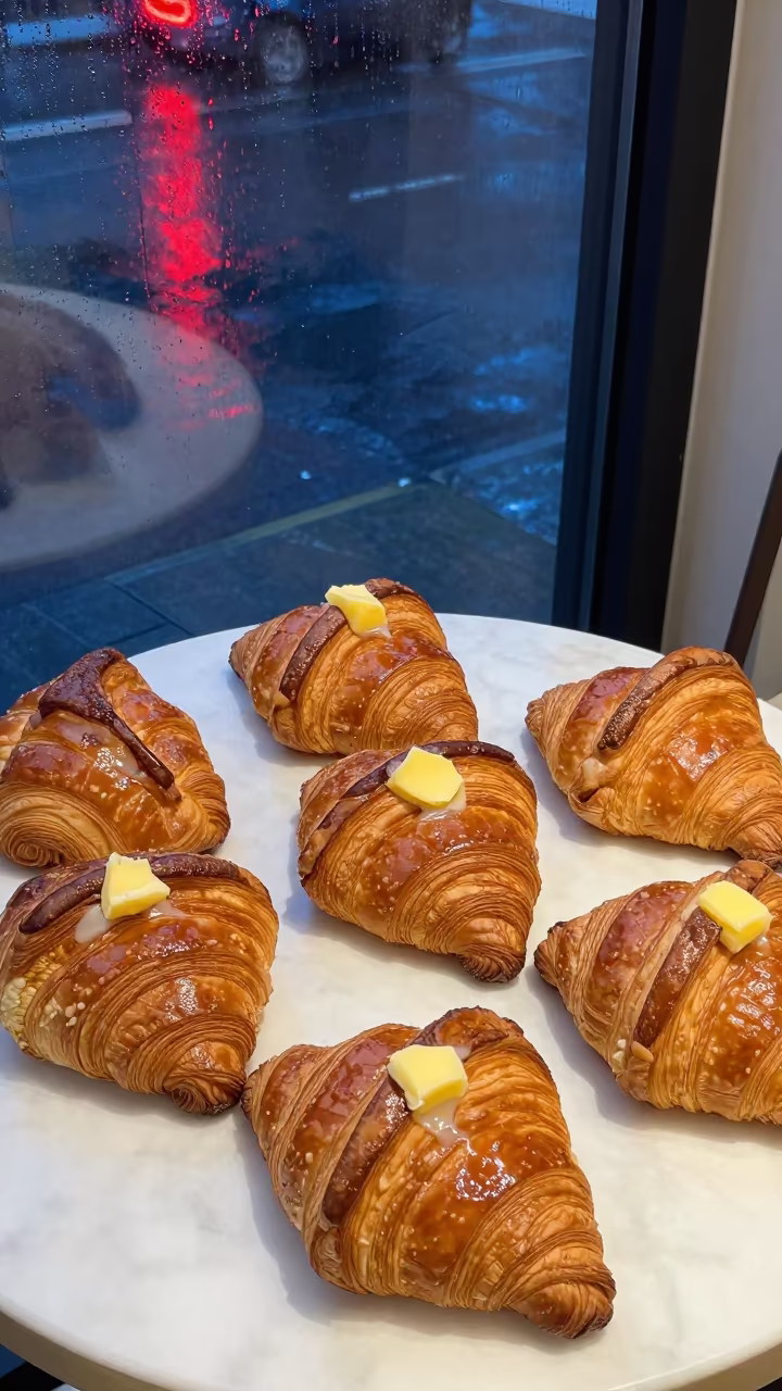 Neon Lit Croissants on Marble Cafe Table in on a marble cafe table in Leicester