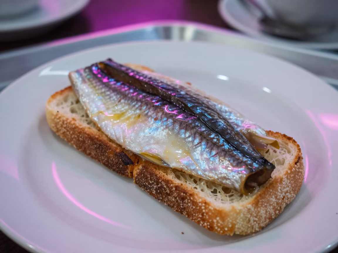 Neon Lit Danish Herring Smorrebrod Plate in on a tea house tray in Palembang
