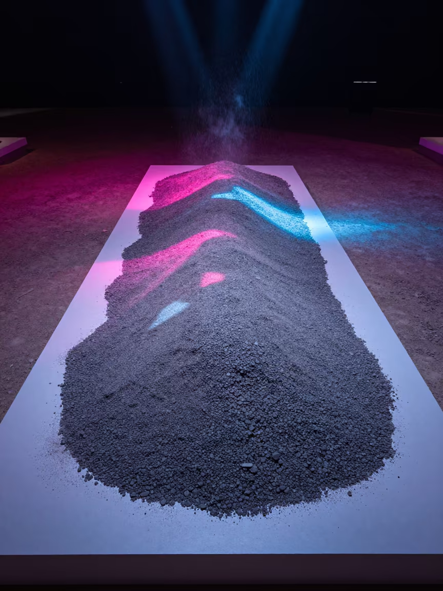 Neon-lit Desert Gravel on Museum Plinth Night in on a museum plinth near Phoenix