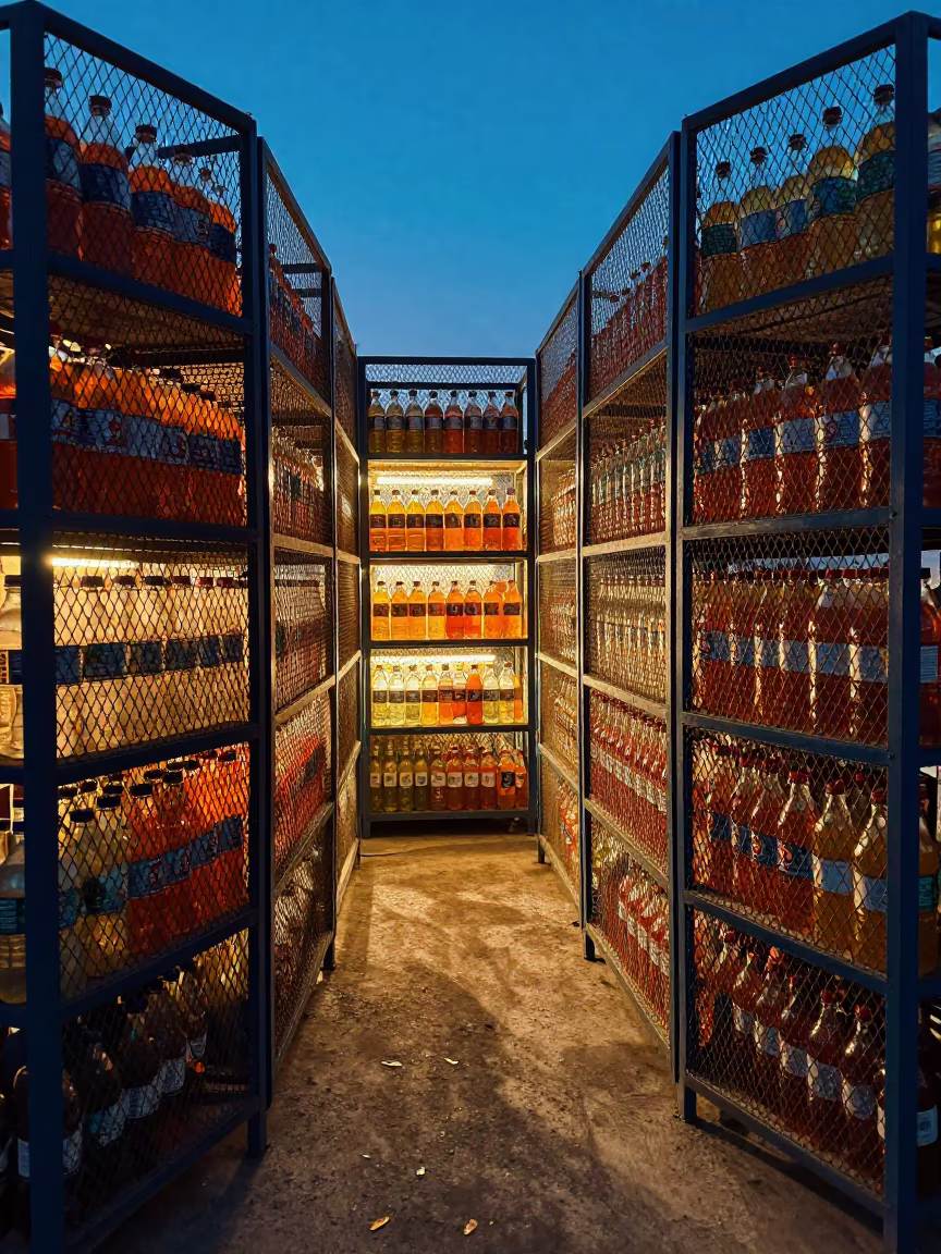 Neon Lit Distribution Cage in Lashkar Gah Dispatch Office in inside a dispatch office above the dock near Lashkar Gah