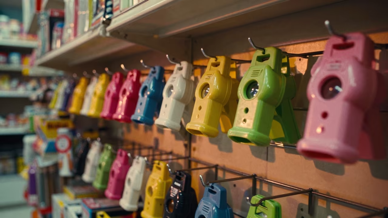 Neon Lit Dog Whistle Rack Al-Muharraq in inside a pet store aisle near Al-Muharraq