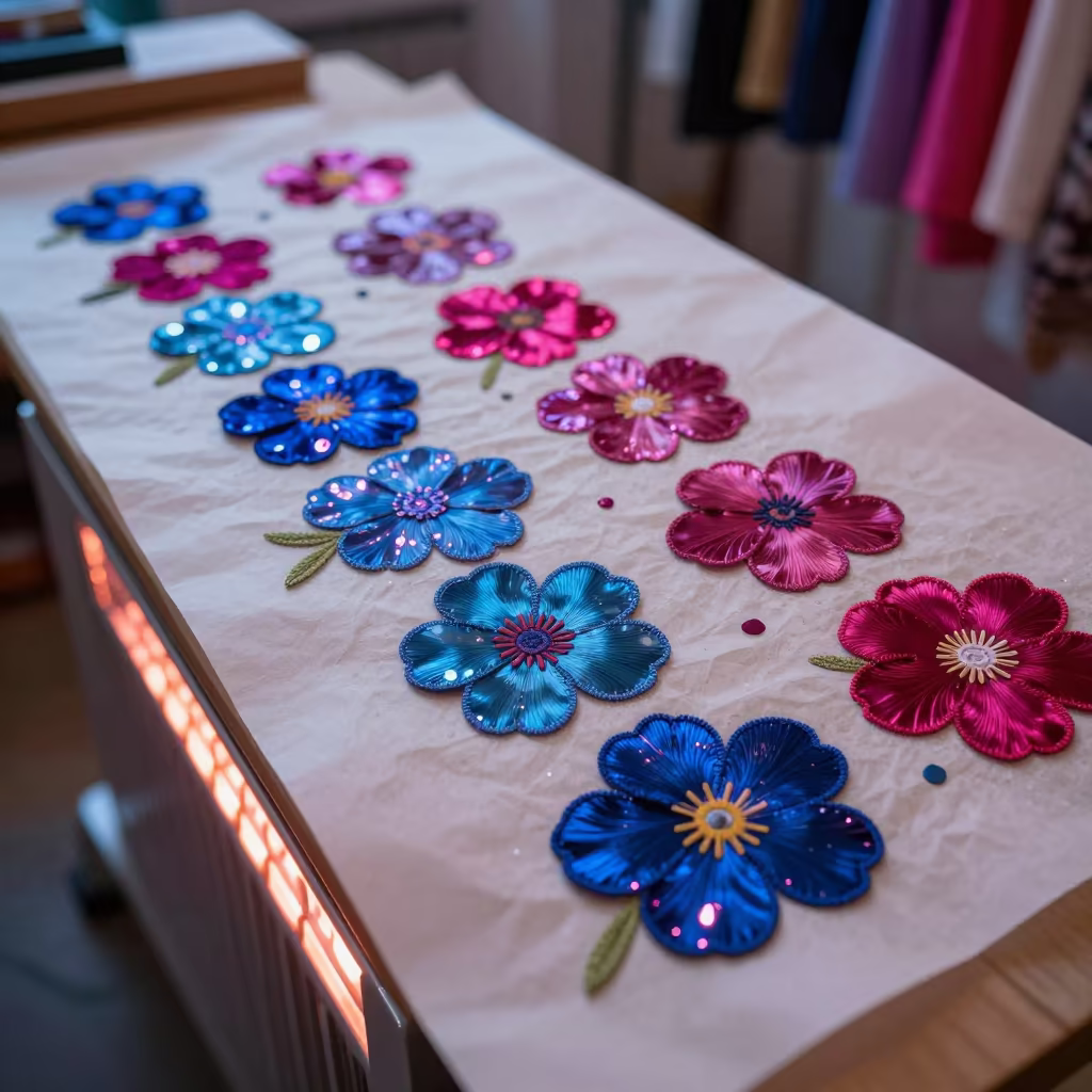 Neon Lit Dress Appliques Drying Near Heater in inside a couture atelier near Lodz