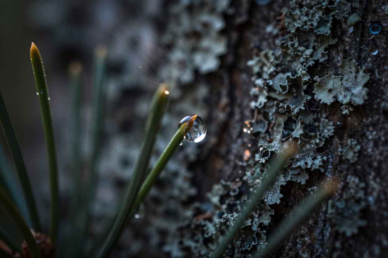 Neon Lit Droplet on Pine Needle in on lichen-covered bark in Aleppo