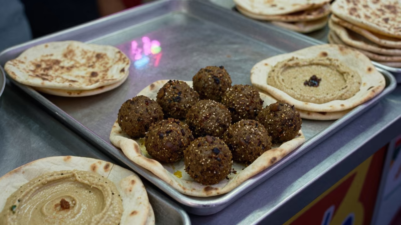 Neon Lit Falafel Pita Tray at Haifa Market Dawn in at a market stall counter in Haifa
