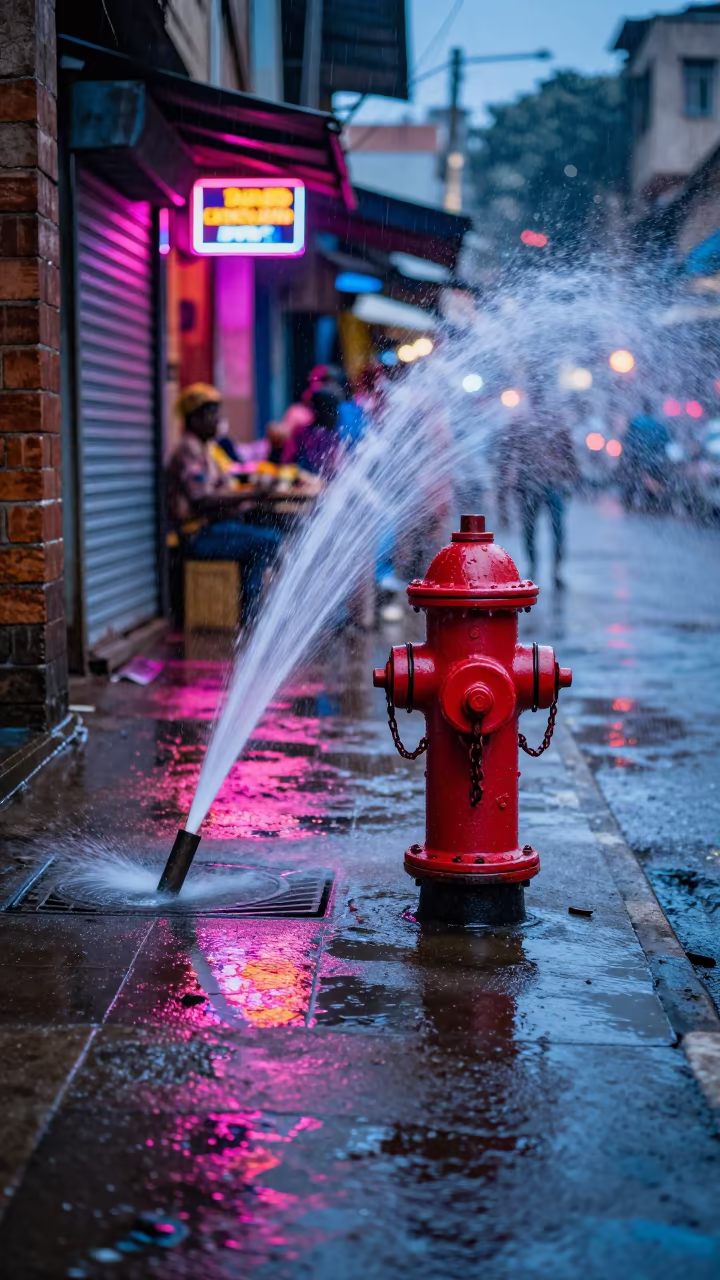 Neon Lit Fire Hydrant Spray in Accra Alley in along a market-lined side street in Accra