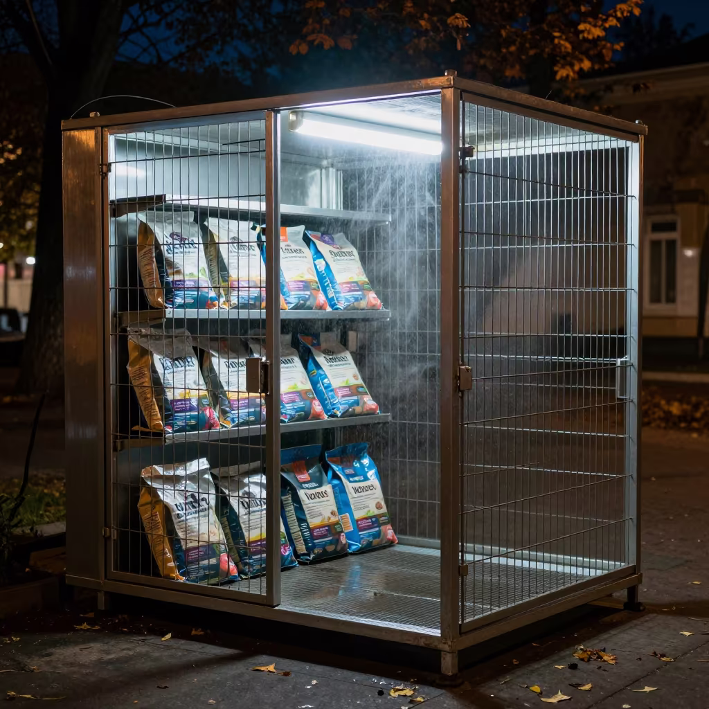 Neon Lit Fish Bag Shelf at Night Dog Wash in at a self-serve dog wash station near Kharkiv