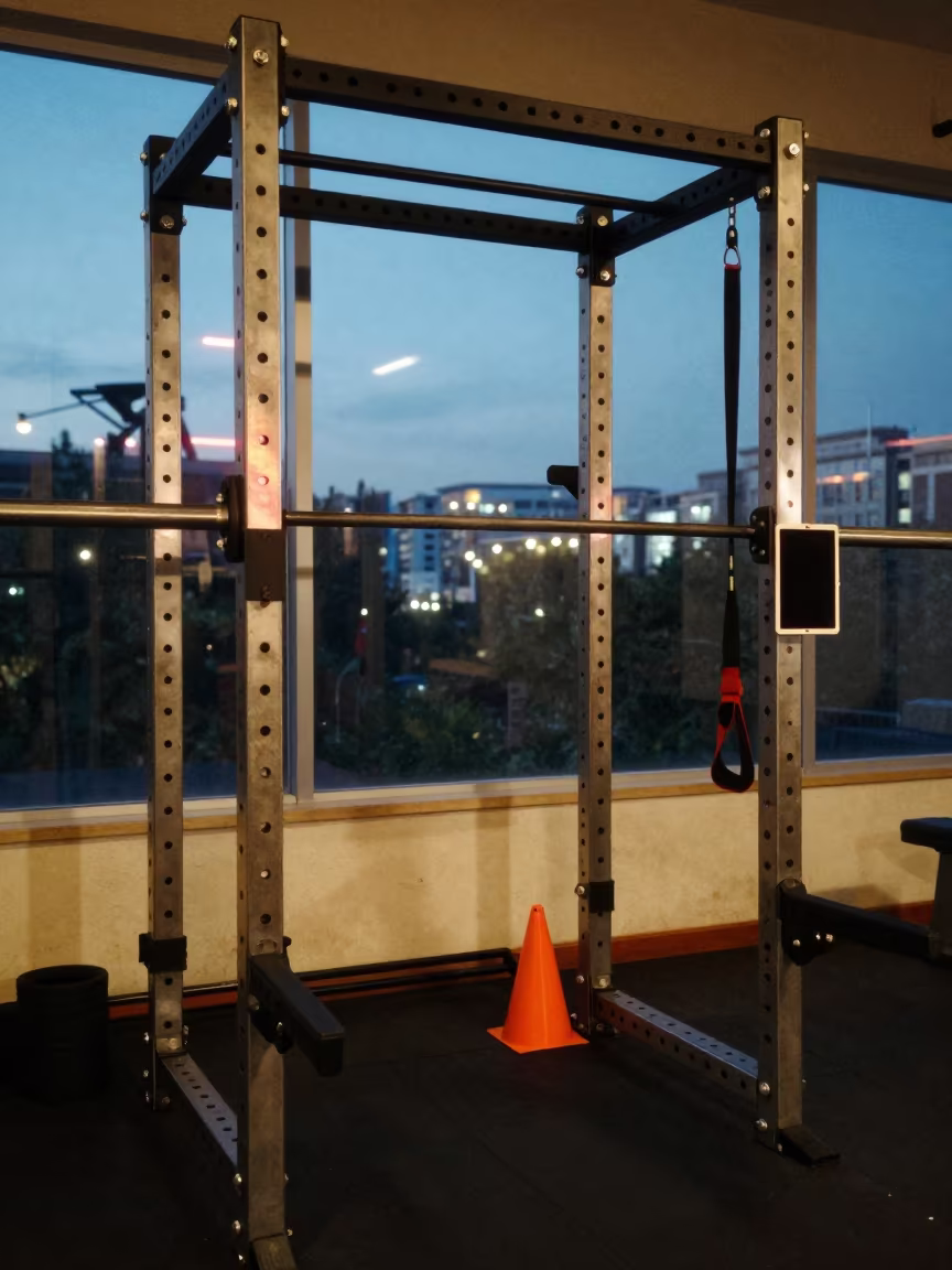 Neon Lit Fitness Assessment Rack After Hours in inside a strength room near Rochester