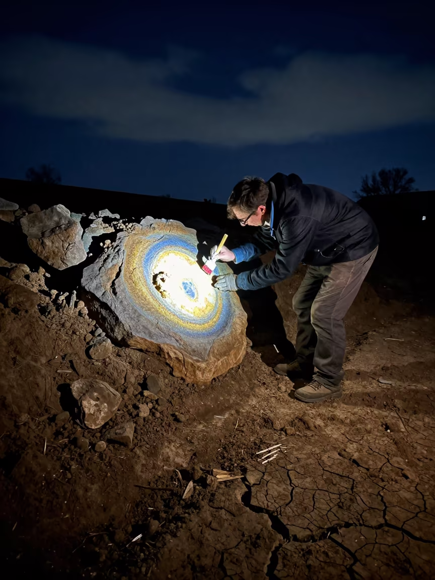 Neon-Lit Fossil Excavation Under Night Sky in near Sablon, Brussels