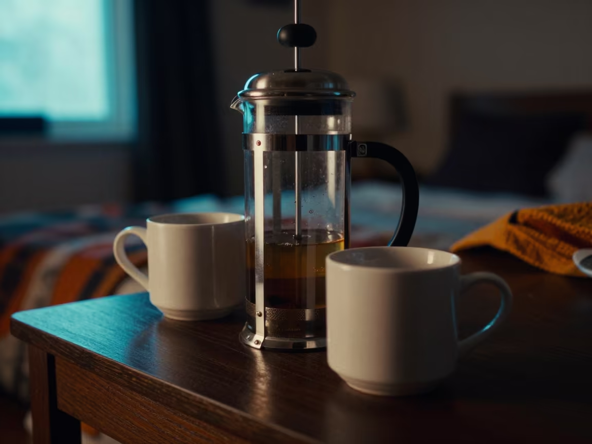 Neon Lit French Press Breakfast Midnight Edirne in in a candlelit bedroom in Edirne