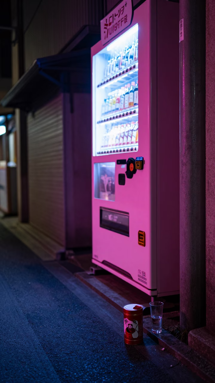 Neon Lit Fukuoka Alleyway Night Scene with Tea Tin and Ashtray in in Fukuoka, Japan