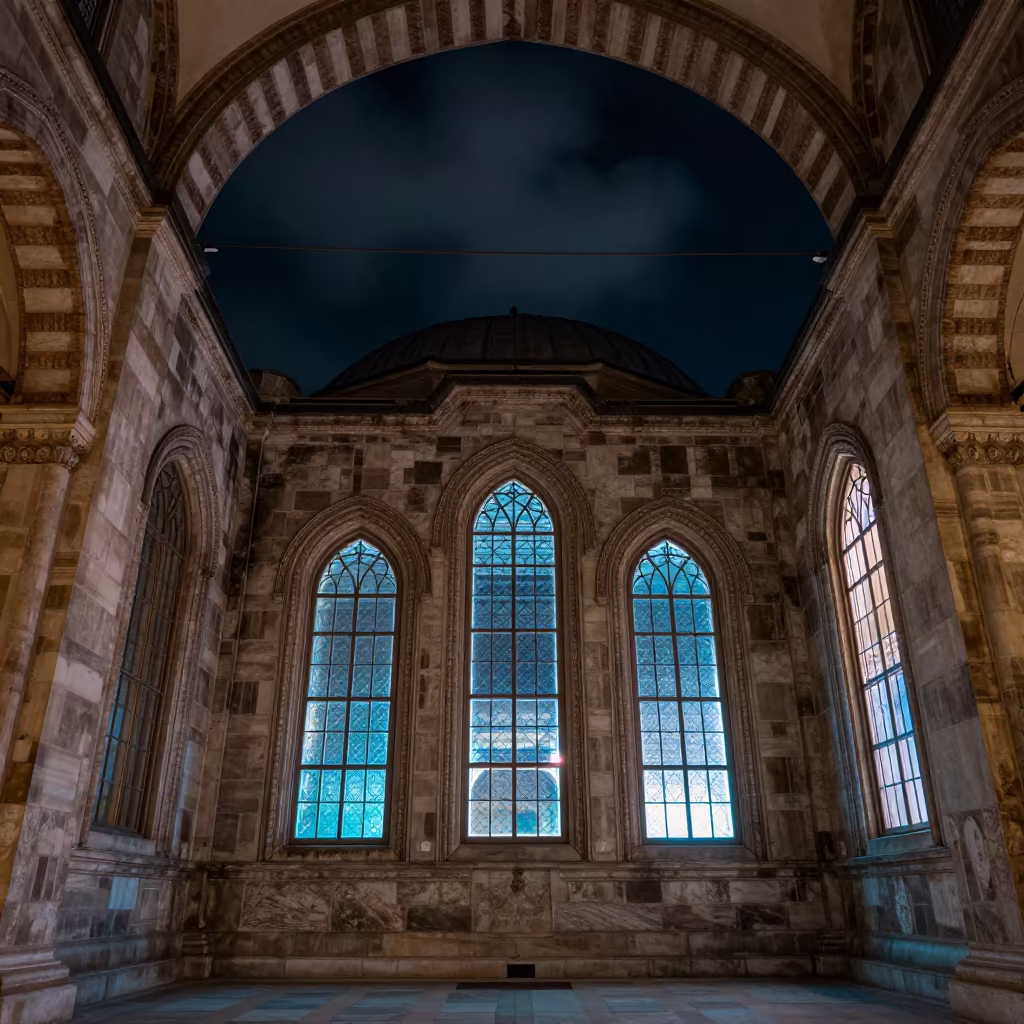 Neon-lit Gothic Atrium in İzmit Night in inside a vaulted atrium near İzmit