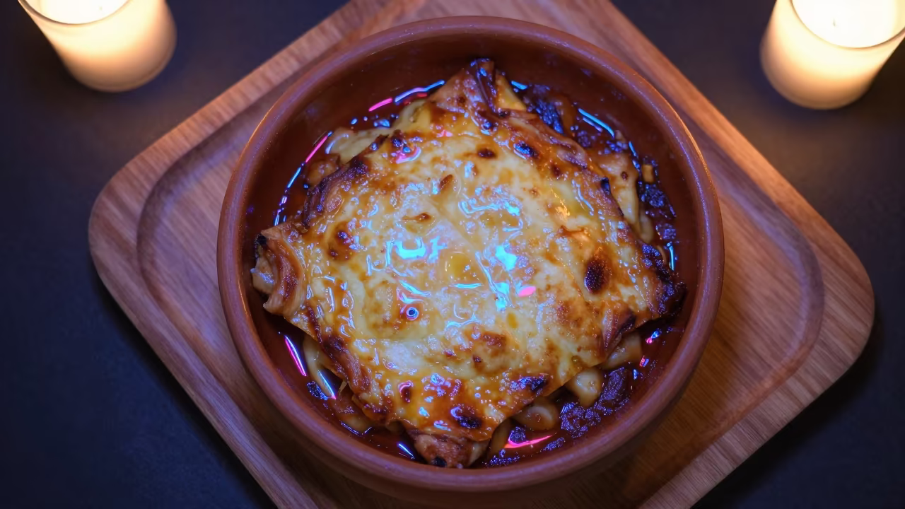 Neon Lit Greek Moussaka on Plzen Tray in on a tea house tray in Plzeň