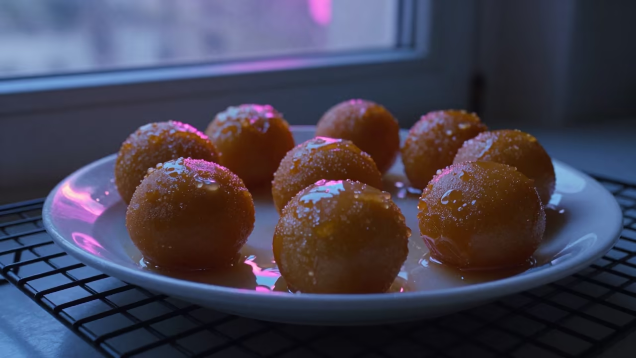 Neon-lit Gulab Jamun on Bakery Rack Before Dawn in on a bakery cooling rack in Xixón