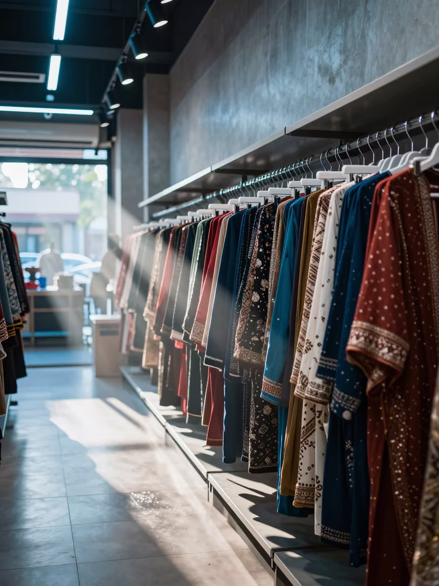 Neon Lit Hanger Sorter in Delhi Retail in inside a bright retail aisle in Shahpur Jat, Delhi