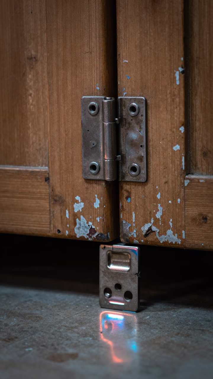 Neon Lit Hinge on Weathered Shenzhen Cabinet in on a workshop shelf near Shenzhen