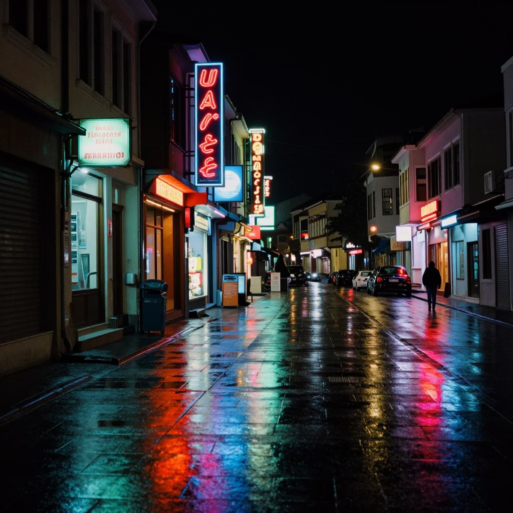 Neon Lit Izmir Night Street Scene With Glossy Enamel Surfaces And Urban Reflections in in Izmir, Turkey