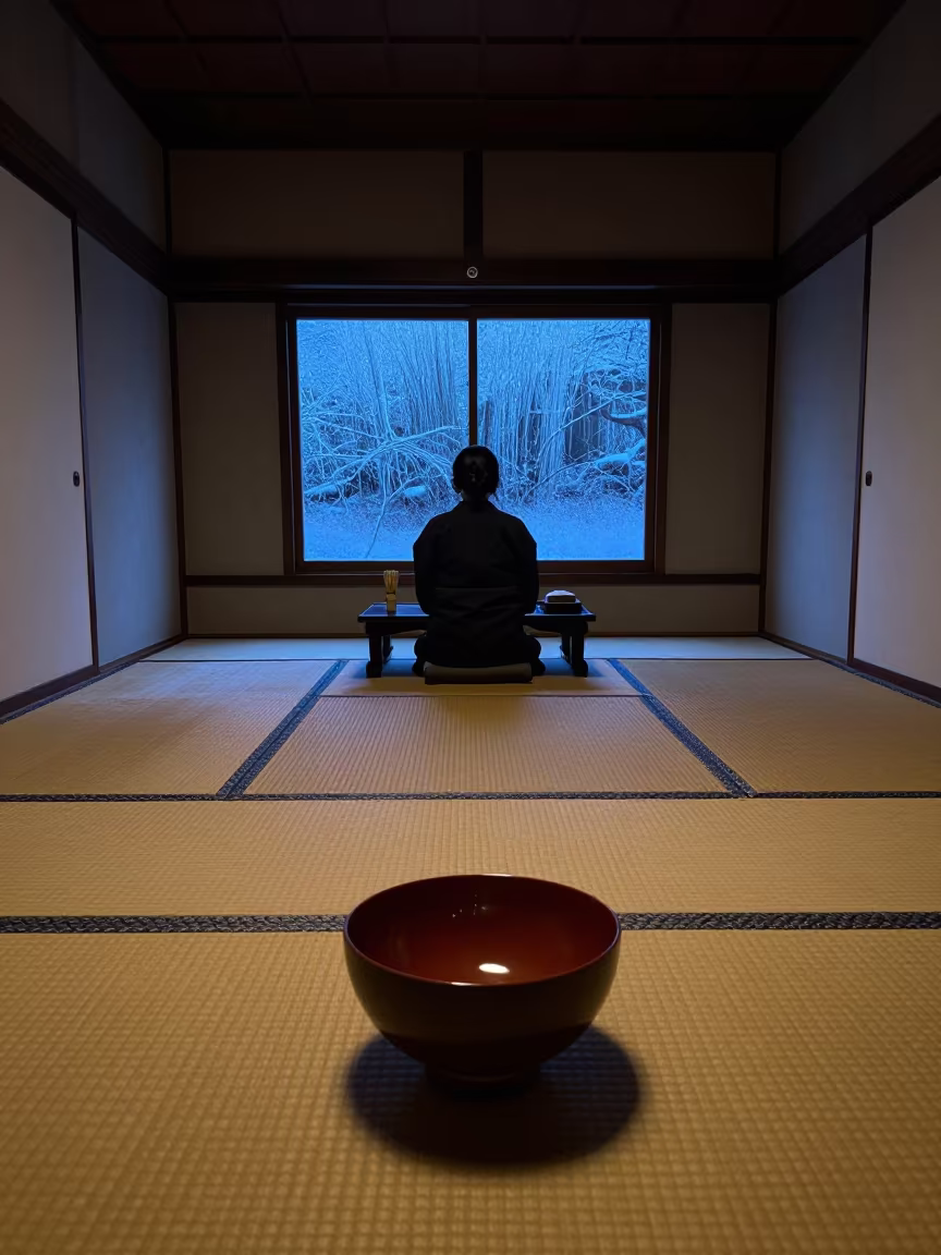 Neon Lit Japanese Tea Ceremony in Kyoto in in a tatami tea room in Kyoto