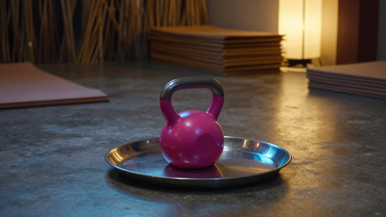 Neon Lit Kettlebell Brush Tray in Hue Yoga Studio in inside a yoga studio before the session begins in Hue