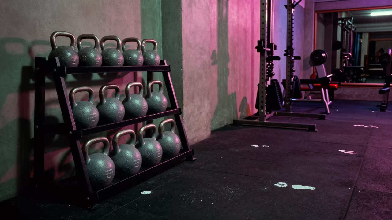 Neon Lit Kettlebell Rack Night Haizhu Gym in beside a squat rack row before the rush near Haizhu, Guangzhou