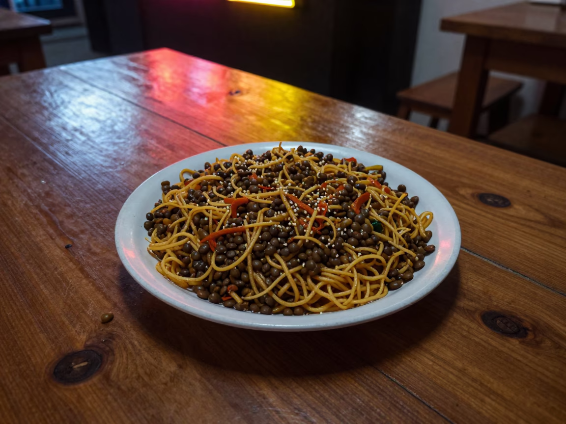 Neon Lit Koshari Lentils Noodles Costa Rica in on a rustic wooden table in San Jose Costa Rica