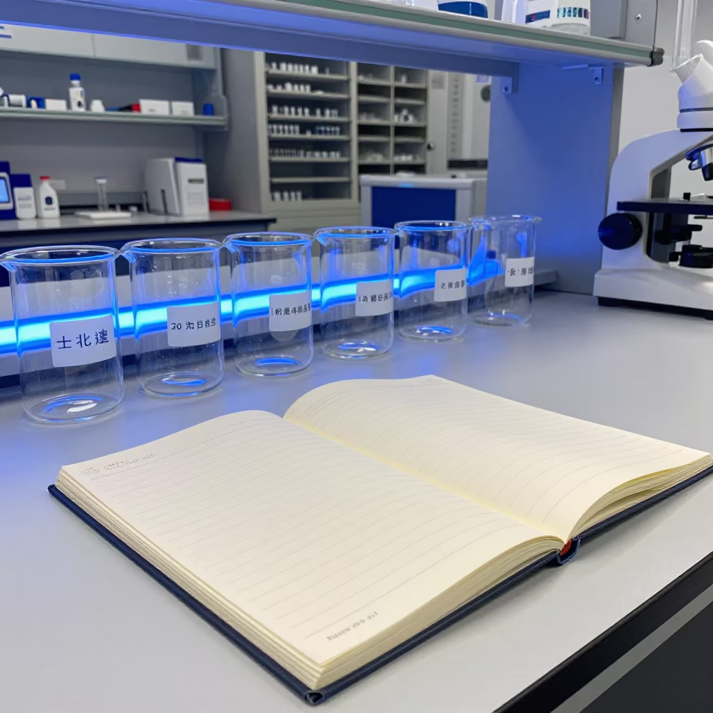 Neon-lit lab notebook beside labeled beakers in in a specimen archive room in Zhangjiajie