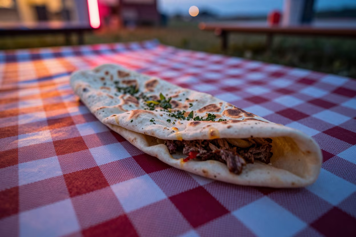 Neon Lit Lahmacun on Picnic Blanket Before Dawn in on a picnic blanket in Fort-de-France