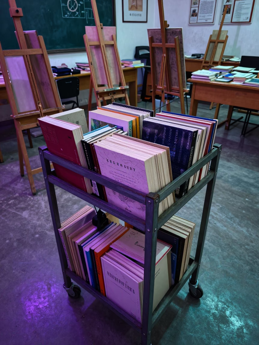 Neon Lit Library Cart in Chengdu Art Room in inside an art classroom near Yulin, Chengdu