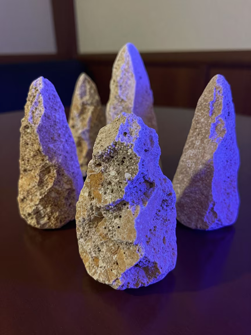 Neon Lit Limestone Pinnacles on Cafe Table in on a cafe table by a window in Gharyan