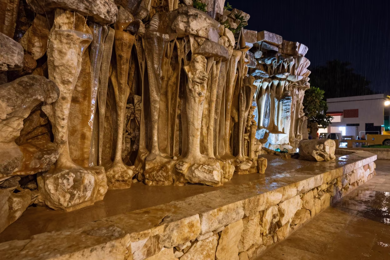 Neon Lit Limestone Pinnacles on Rainy Night in on a stone ledge near Playa del Carmen