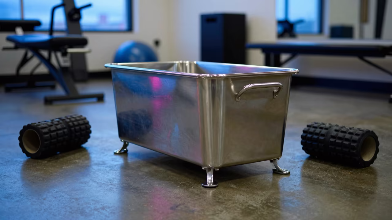 Neon-lit Locker Bin in Venice Beach Recovery Lounge in inside a recovery lounge beside foam rollers near Venice Beach, Los Angeles