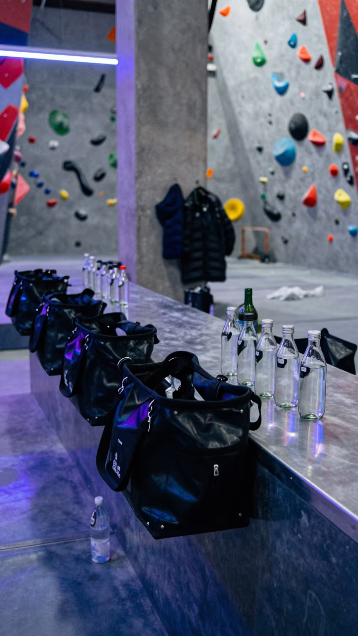 Neon Lit Locker Refill Tote in Winter Climbing Gym in inside a climbing gym warmup zone in Sivas