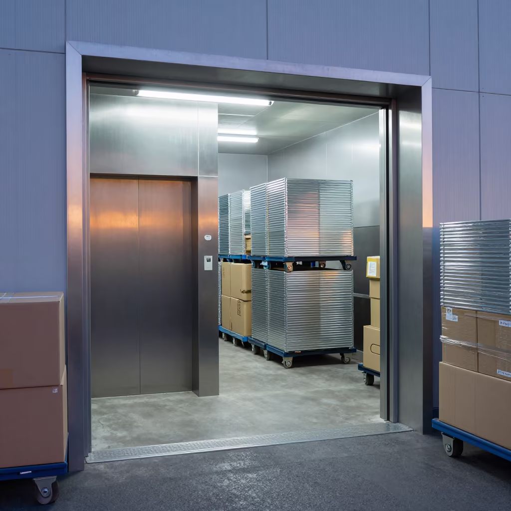 Neon Lit Logistics Lobby Stacked with Dollies in inside a warehouse aisle near Bergamo