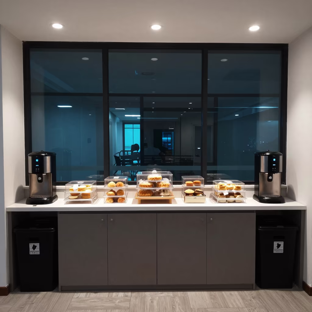 Neon Lit Lounge With Coffee And Pastry Boxes in inside a coworking floor near Semarang