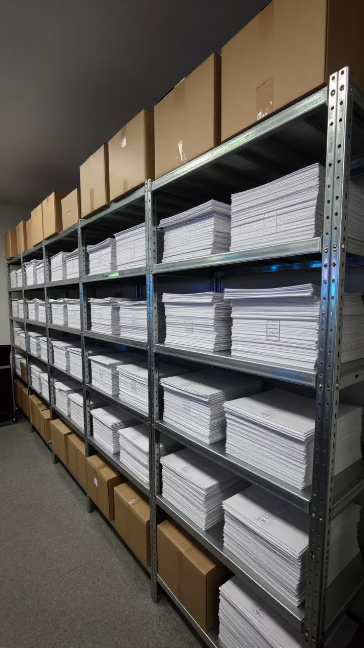 Neon Lit Mailroom Shelf with Stamps and Mailers at Night in in an operations center under monitor glow in Quito
