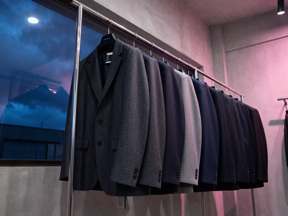 Neon Lit Menswear Rail in Mansoura Studio in inside a minimalist showroom in Mansoura