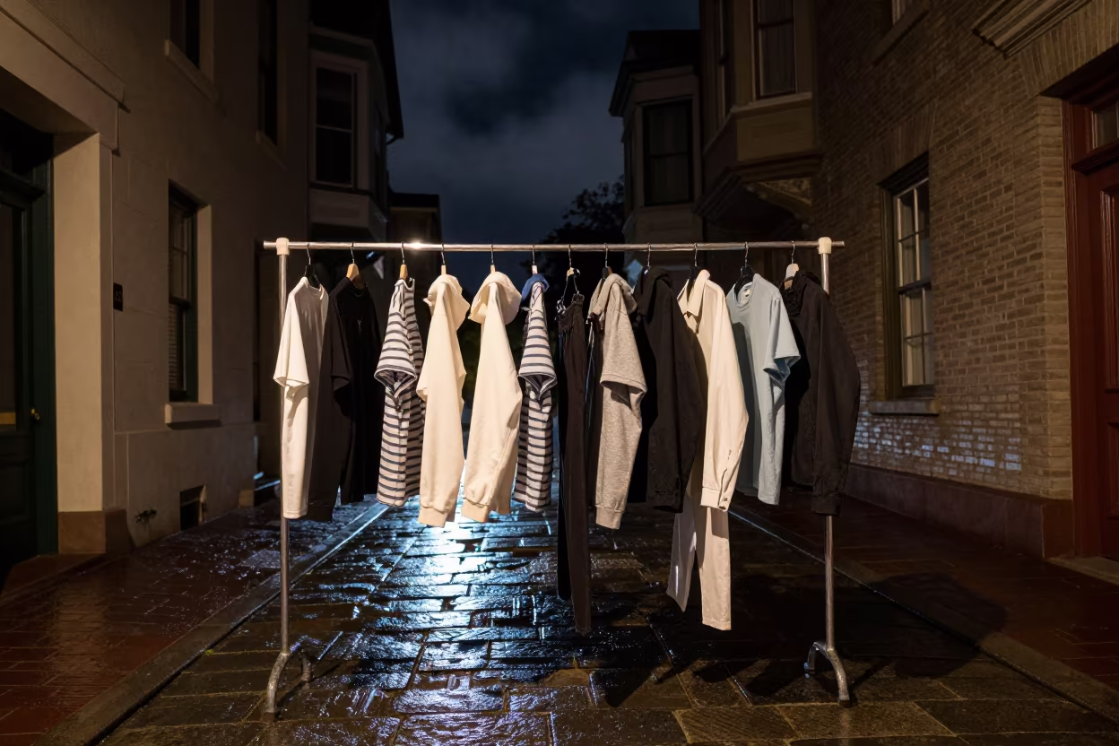 Neon Lit Menswear Rail in Portland Night in in a stone lane between old facades near Nob Hill, Portland
