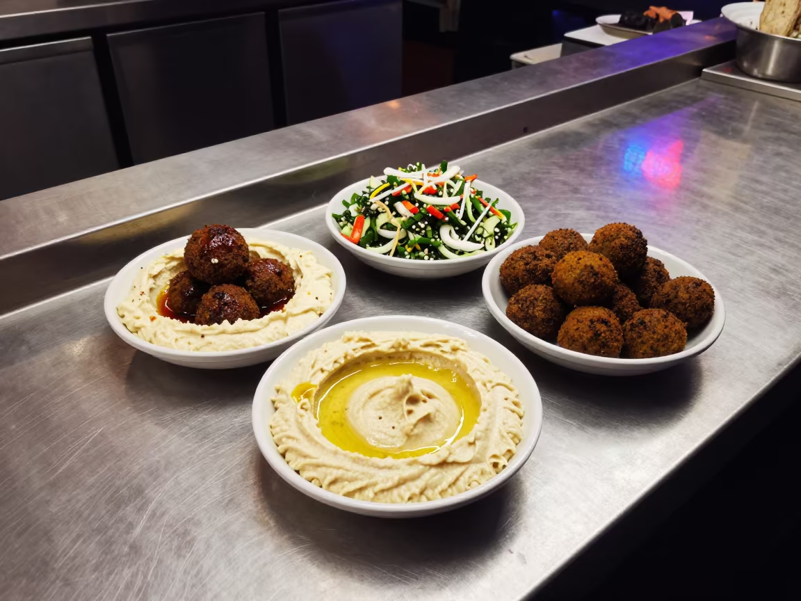 Neon-Lit Mezze Platter at Midnight in Amman in at a street-food cart counter in Amman