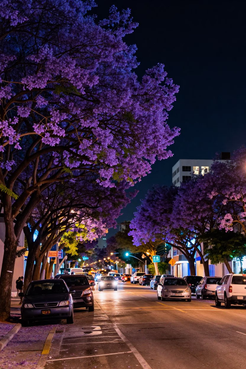 Neon-lit Miami Night Street Scene with Jacaranda Trees and Urban Activity in in Miami, Florida, United States