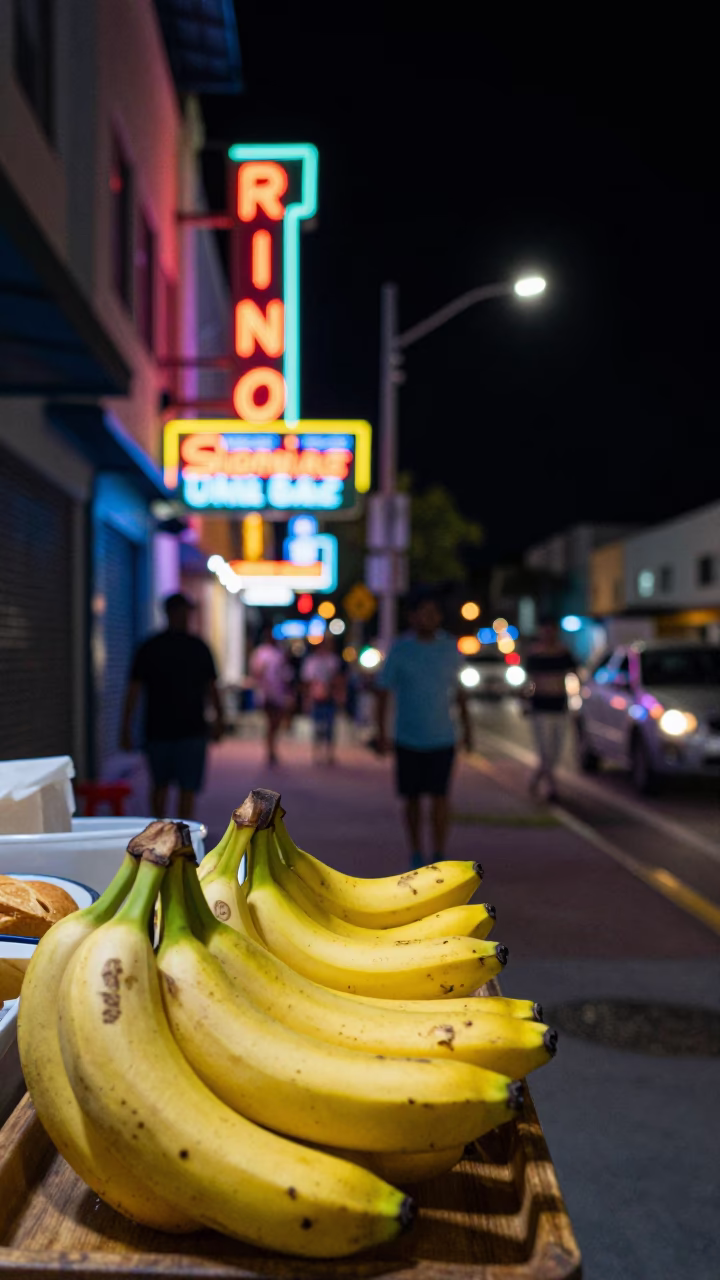 Neon Lit Miami Street Scene at Night with Bananas and Lockbox in in Miami, Florida, United States