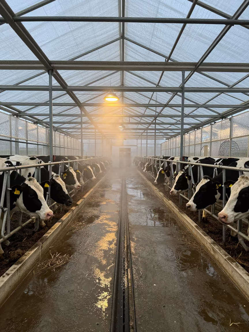 Neon-Lit Milking Lane Steam Drain in inside a humid greenhouse aisle near Forlì