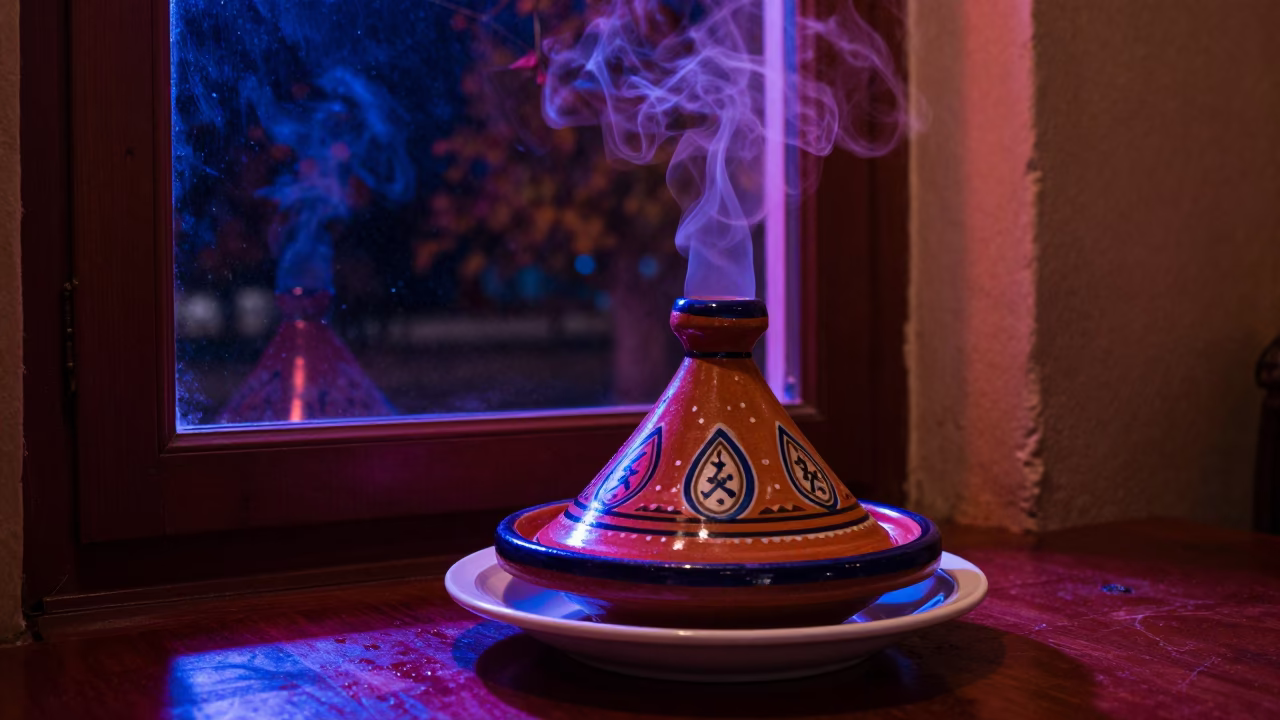 Neon Lit Moroccan Tagine Steam at Night in on a ceramic plate by a window in Melbourne
